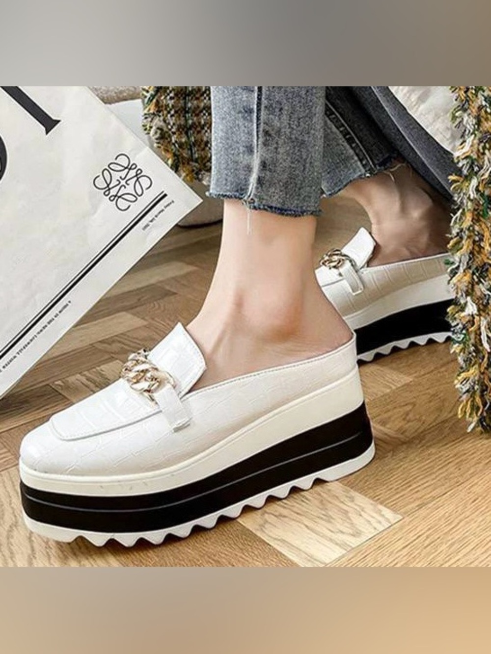White Platform Slip-On Loafers with Chain Accent